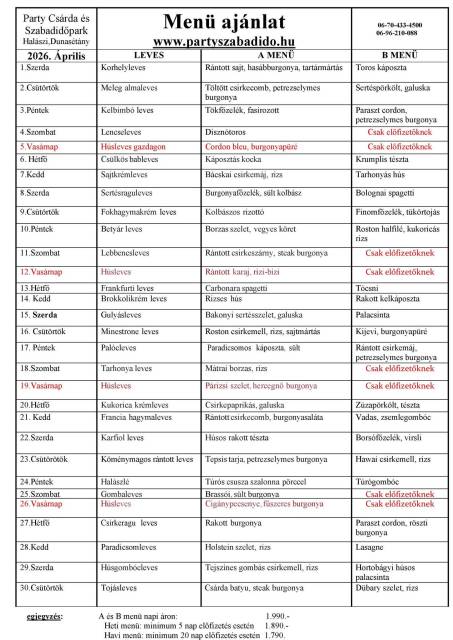 Áprilisi menü ajánlatunk